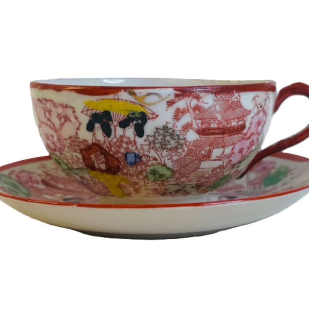 Teacup and Saucer Geisha Girls Delicate Bone China Hand Painted Vintage Japan